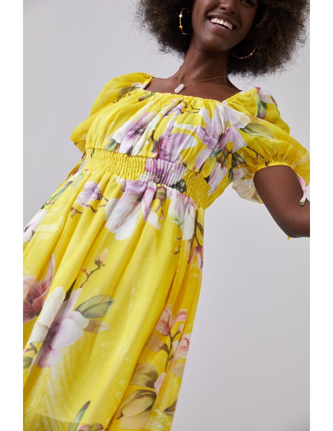 Airy dress with gathered waist, yellow 030800 - Online store - Boutique